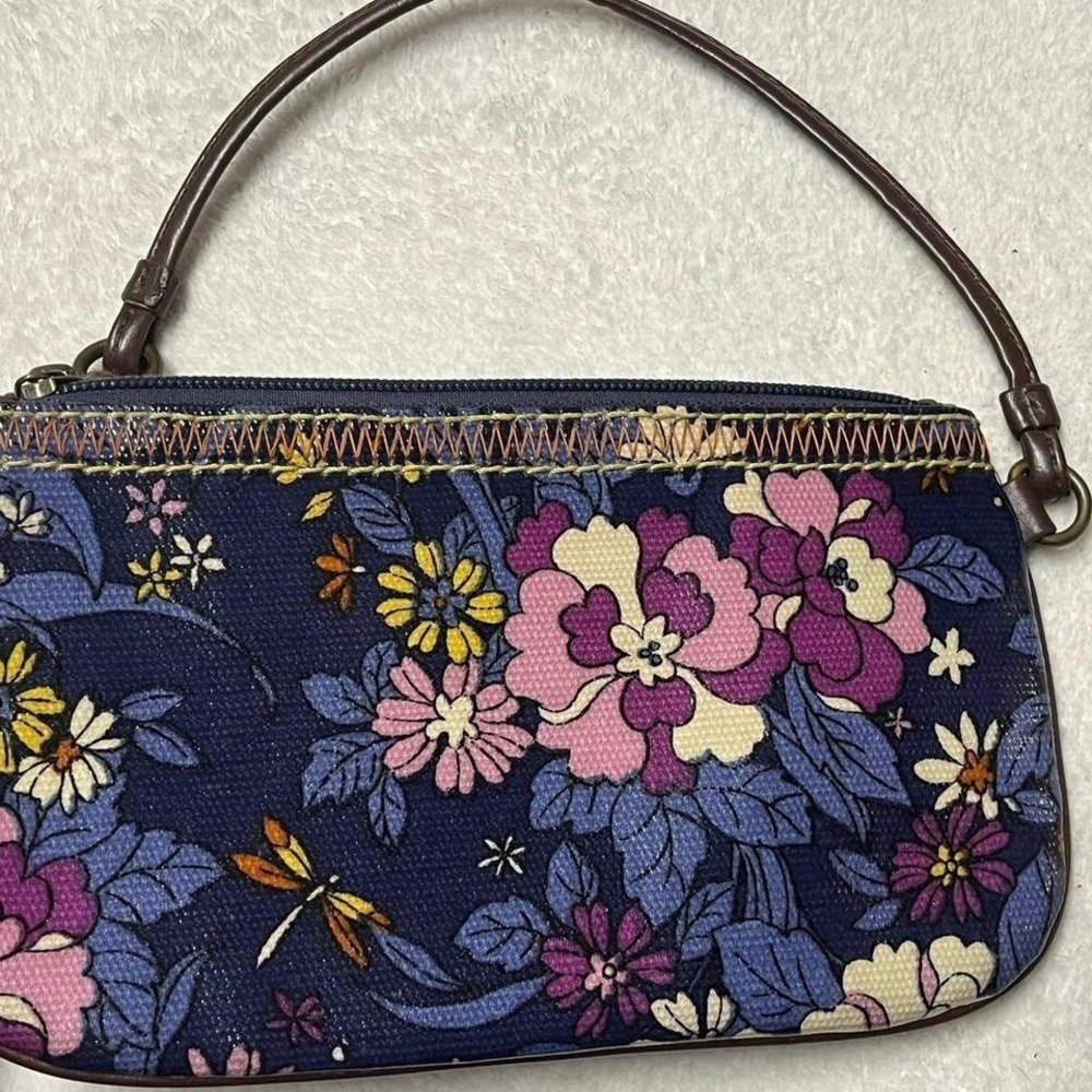Boho navy floral wristlet with brown leather strap